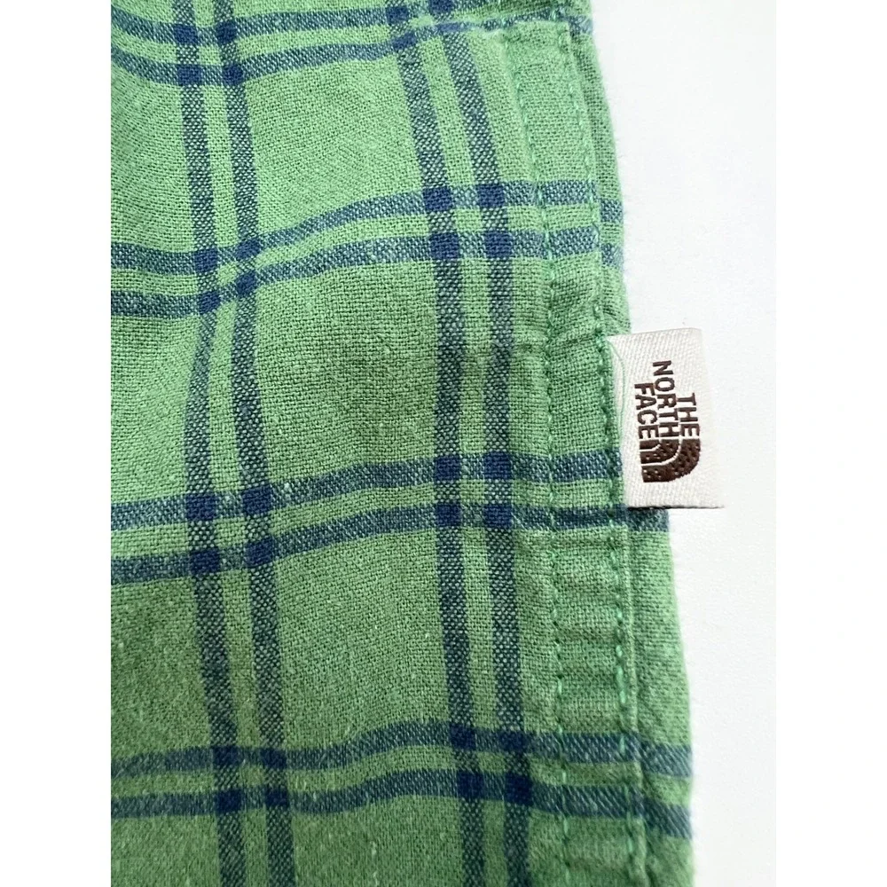 THE NORTH FACE Button Down Shirt Mens Large‎ Green Plaid Hemp Blend Short Sleeve